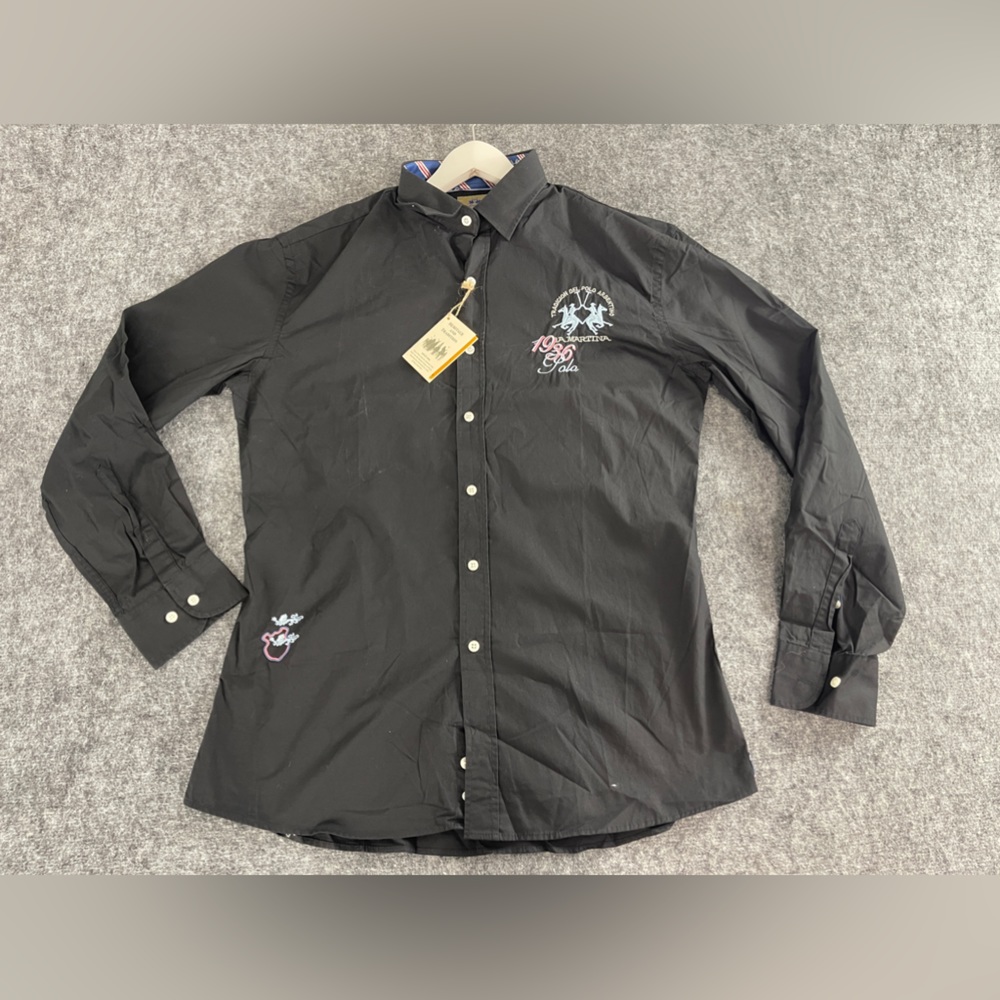 La Martina Shirt Mens Large Black Button Up Embroidered Long Sleeve n35